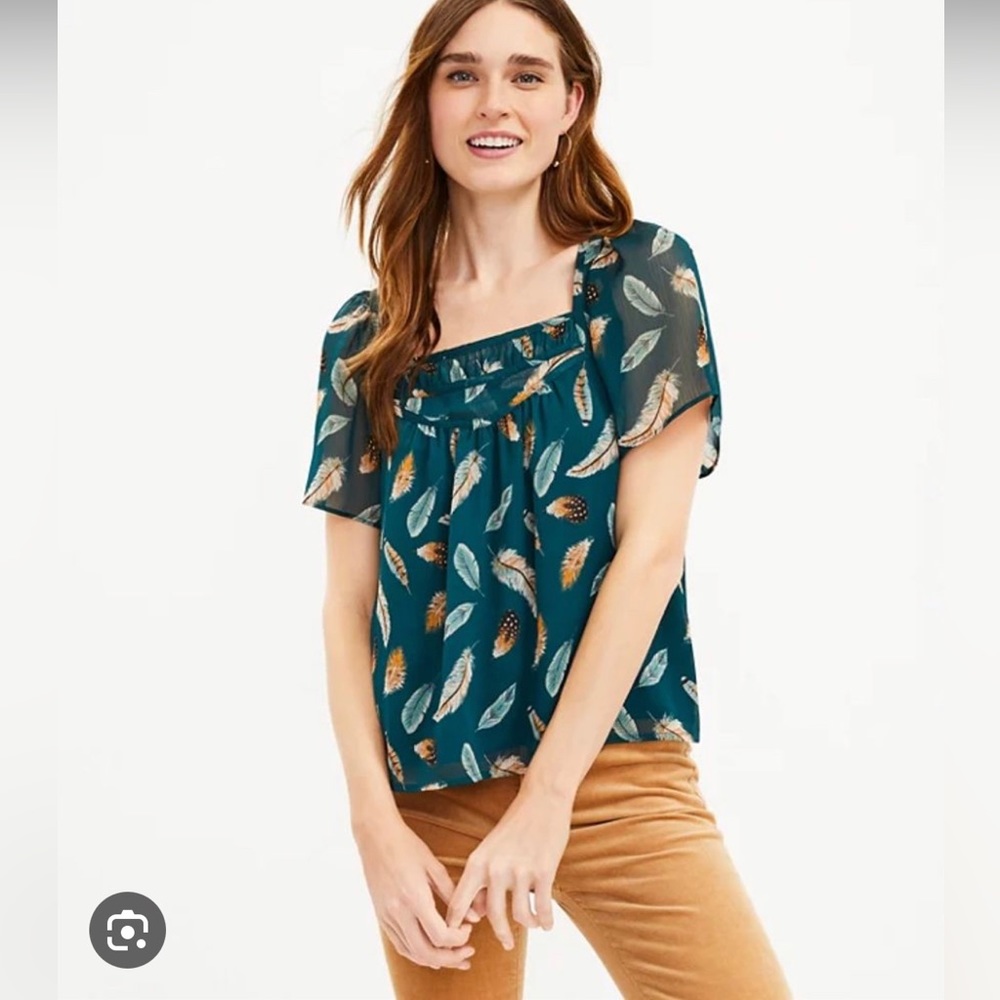 LOFT Teal Feather Print Short-Sleeve Blouse